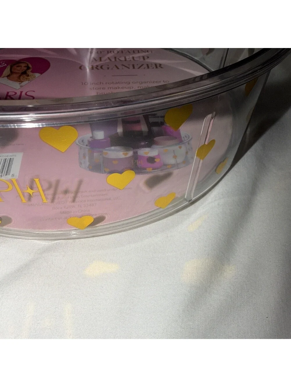 Paris Hilton 360 Rotating Makeup Organizer 10inch clear / heart shapes